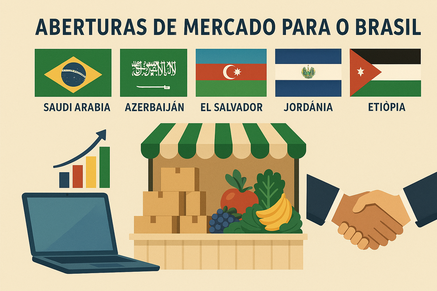 Aberturas de mercado para o Brasil na Arábia Saudita, no Azerbaijão, em El Salvador, na Jordânia e na Etiópia